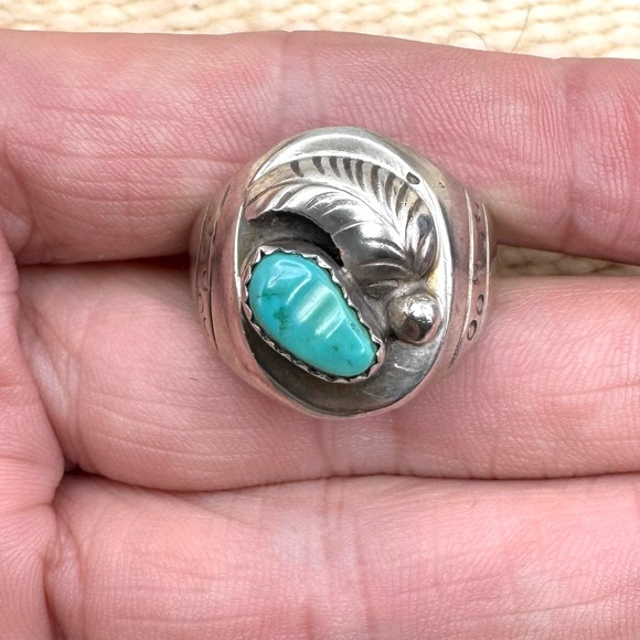 Signed Navajo Native American Sterling Silver Blue Turquoise Mens Ring 11.25 - Picture 2 of 4